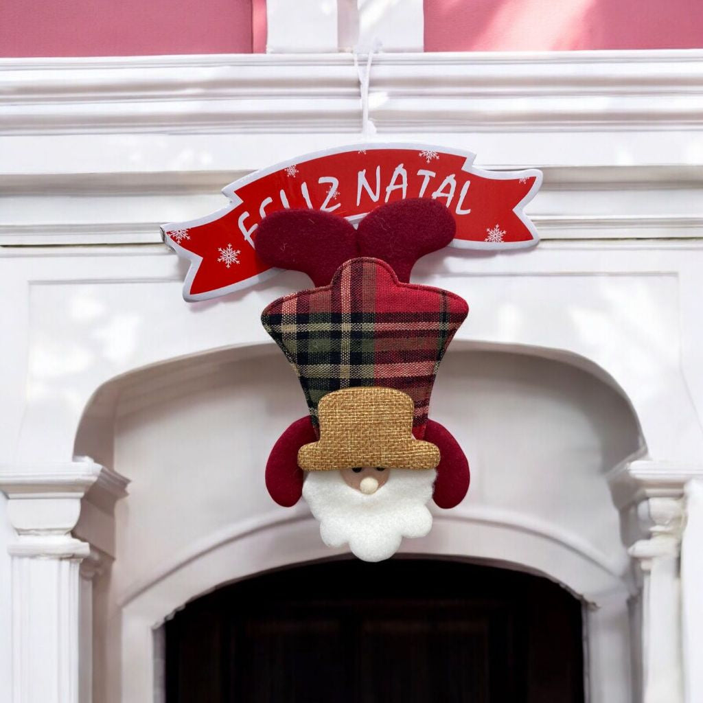 Enfeite De Porta Natalino Papai Noel Com Placa Feliz Natal