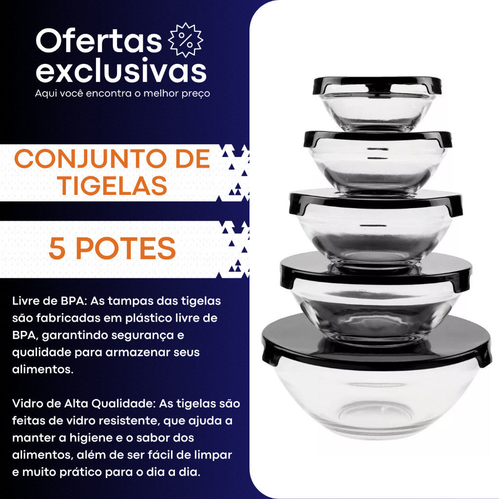 Conjunto de Tigelas  Bowl 5 Peças com Tampa